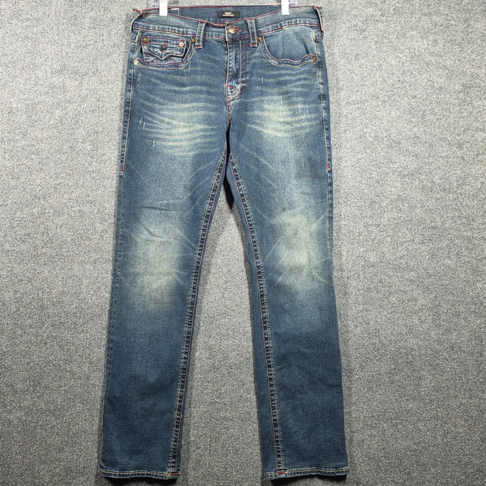 True Religion Jeans Mens 33 Ricky Relaxed Straight Blue Big T Stitch SN Flap
